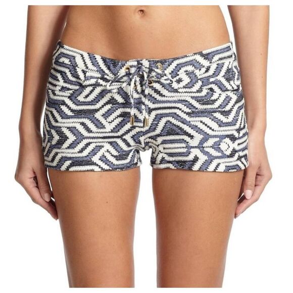 Melissa Odabash Pull On Lace Up Stretch Swim Cover Geometric Knit Shorts Beach - Picture 1 of 8
